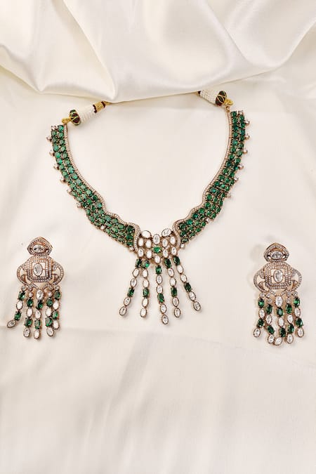 Prestones Emerald Zircon Cluster Necklace & Earring Set 