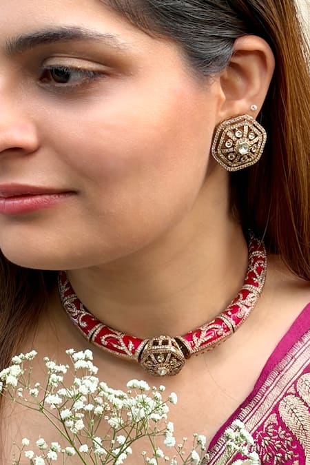 Prestones Meenakari Polki Zircon Necklace & Earring Set 