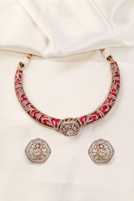 Prestones Meenakari Polki Zircon Necklace & Earring Set 