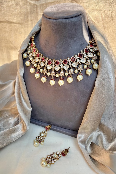 Prestones_Red Beads, Pearls, Stones Ruby Polki Zircon Necklace And Earring Set _Online_at_Aza_Fashions