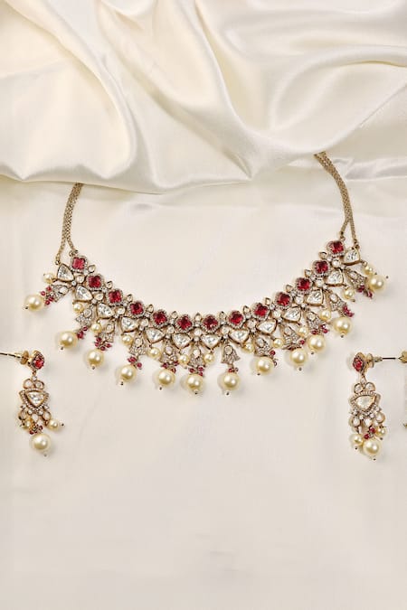 Prestones Ruby Polki Zircon Pearl Necklace & Earring Set 