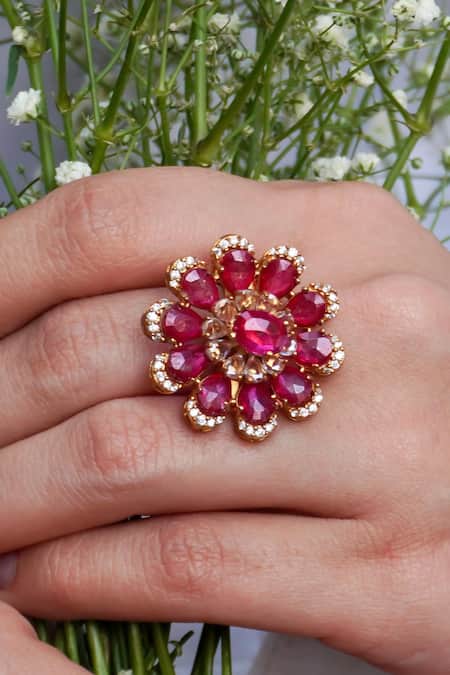 Prestones Ruby Zircon Crystal Flower Ring 