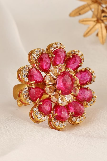 Prestones Ruby Zircon Crystal Flower Ring