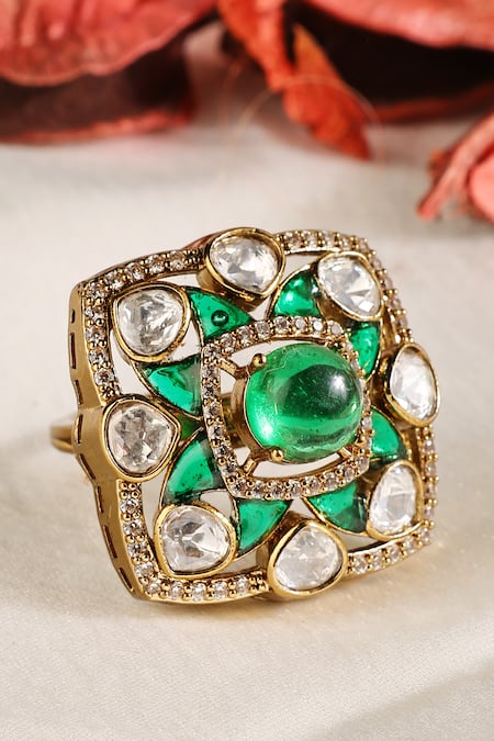 Prestones Dome Emerald Polki Zircon Square Frame Ring