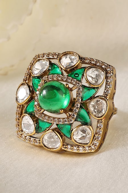 Prestones Dome Emerald Polki Zircon Square Frame Ring