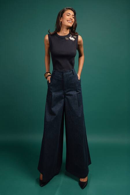 Shop Style Junkiie Navy Cotton Sequins, Beads Round Neck Midnight Spotted Foil Tank Top Online at Aza Fashions Shop_Style Junkiie_Navy Cotton Sequins, Beads Round Neck Midnight Spotted Foil Tank Top _Online_at_Aza_Fashions