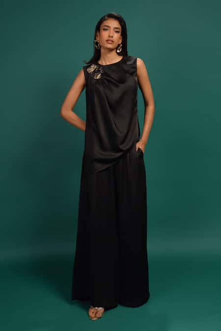 Style Junkiie_Black Polyester, Satin Sequins, Beads, Foil Printing Ebony Spotted Draped Top _Online_at_Aza_Fashions