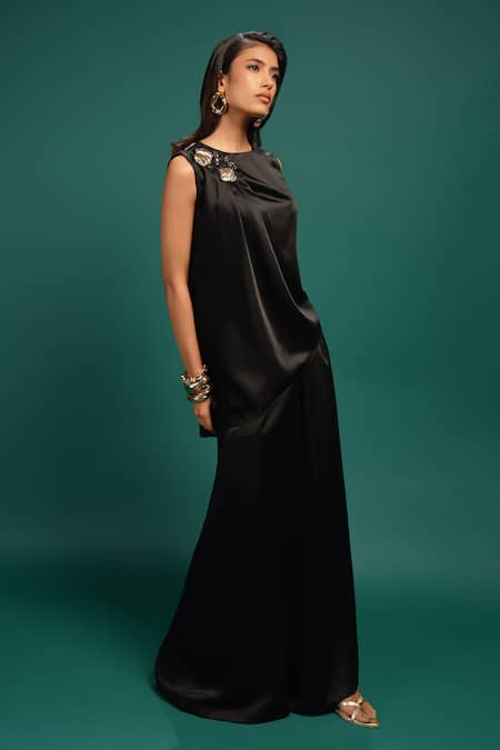 Buy_Style Junkiie_Black Polyester, Satin Sequins, Beads, Foil Printing Ebony Spotted Draped Top _Online_at_Aza_Fashions