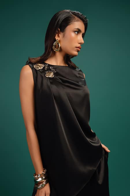 Style Junkiie Ebony Spotted Draped Satin Top 