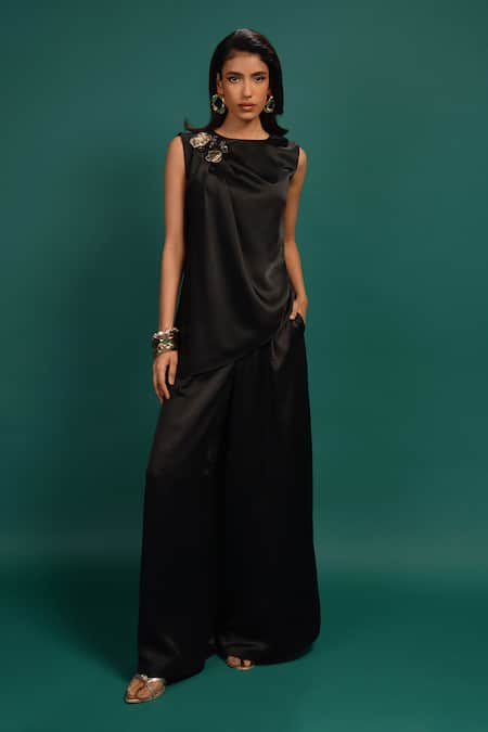 Shop_Style Junkiie_Black Polyester, Satin Sequins, Beads, Foil Printing Ebony Spotted Draped Top _Online_at_Aza_Fashions