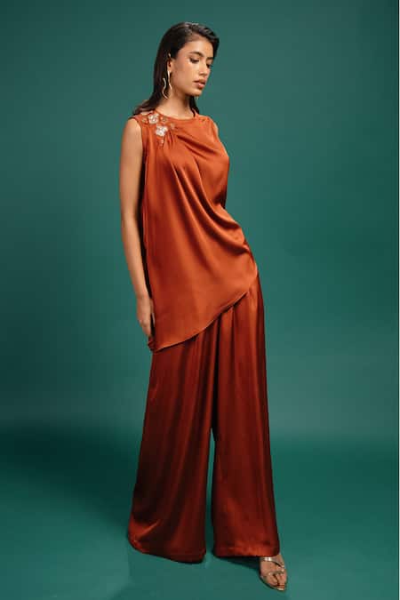 Style Junkiie Rust Polyester, Satin Embroidery, Sequins, Beads, Foil Spotted Draped Top Online at Aza Fashions Style Junkiie_Rust Polyester, Satin Embroidery, Sequins, Beads, Foil Spotted Draped Top _Online_at_Aza_Fashions