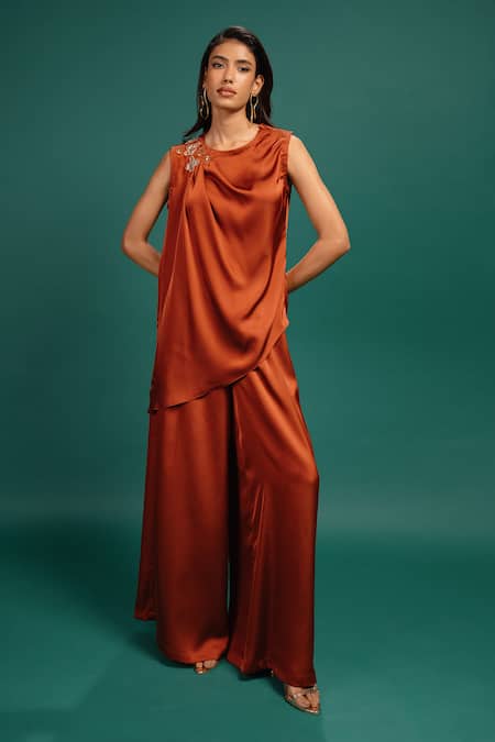 Style Junkiie Rust Spotted Draped Satin Top 