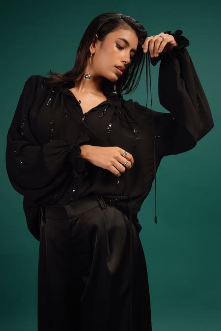 Buy Style Junkiie Black Georgette, Polyester Sequins, Beads, Mirrors, Ebony Work Blouse Online at Aza Fashions Buy_Style Junkiie_Black Georgette, Polyester Sequins, Beads, Mirrors, Ebony Work Blouse _Online_at_Aza_Fashions