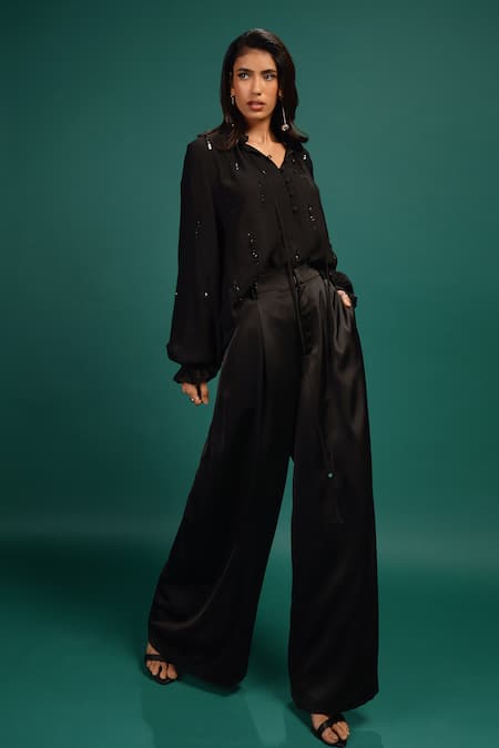 Shop Style Junkiie Black Georgette, Polyester Sequins, Beads, Mirrors, Ebony Work Blouse Online at Aza Fashions Shop_Style Junkiie_Black Georgette, Polyester Sequins, Beads, Mirrors, Ebony Work Blouse _Online_at_Aza_Fashions