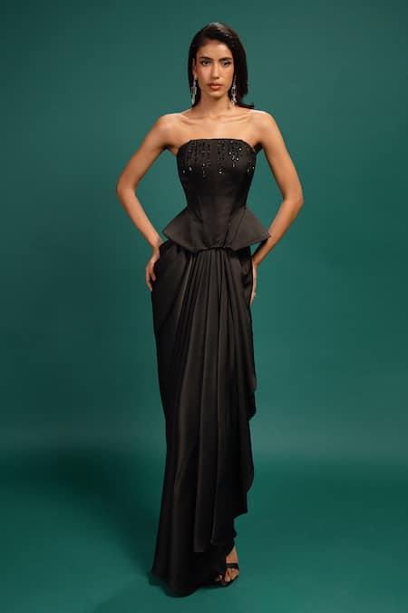 Shop Style Junkiie Black Satin, Polyester Sequins, Beads, Mirrors, Embroidery Ebony Work Corset Online at Aza Fashions Shop_Style Junkiie_Black Satin, Polyester Sequins, Beads, Mirrors, Embroidery Ebony Work Corset _Online_at_Aza_Fashions