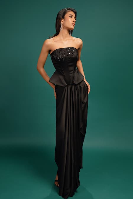 Shop_Style Junkiie_Black Polyester, Satin Ebony Draped Skirt _Online_at_Aza_Fashions