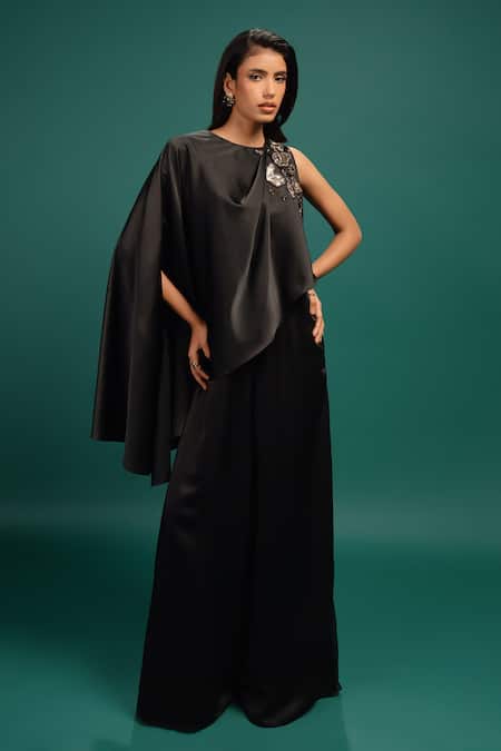Style Junkiie Ebony Spotted Draped Satin Cape Jumpsuit 