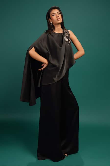 Buy_Style Junkiie_Black Polyester, Satin Beads, Sequins, Foil Ebony Spotted Draped Cape Jumpsuit _Online_at_Aza_Fashions