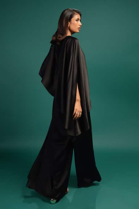 Style Junkiie Ebony Spotted Draped Satin Cape Jumpsuit 