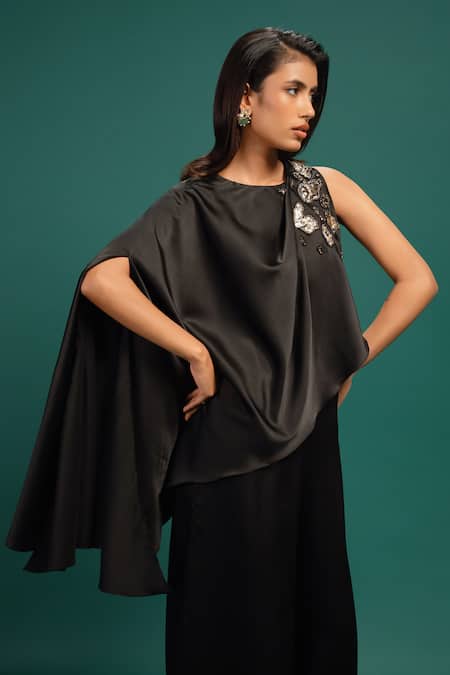 Shop_Style Junkiie_Black Polyester, Satin Beads, Sequins, Foil Ebony Spotted Draped Cape Jumpsuit _Online_at_Aza_Fashions