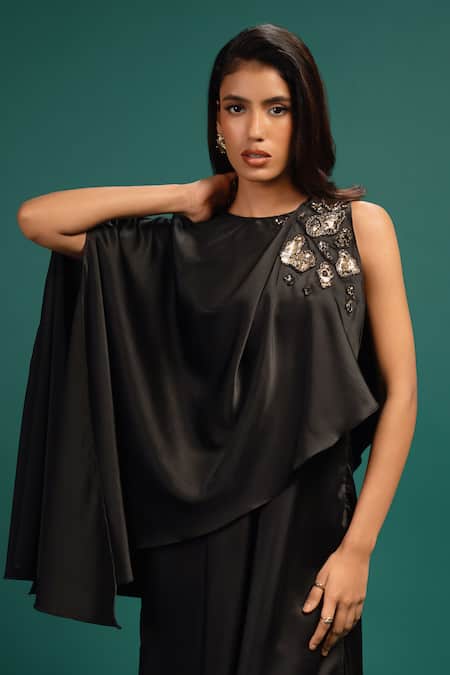 Style Junkiie_Black Polyester, Satin Beads, Sequins, Foil Ebony Spotted Draped Cape Jumpsuit _at_Aza_Fashions