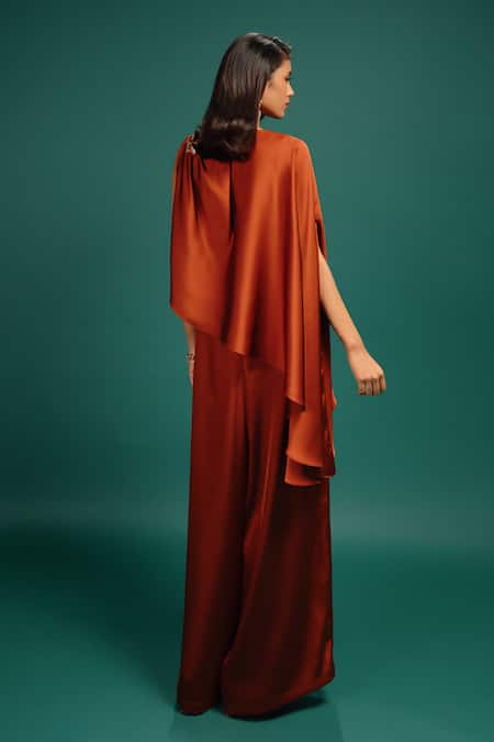 Style Junkiie Rust Spotted Draped Cape Jumpsuit 