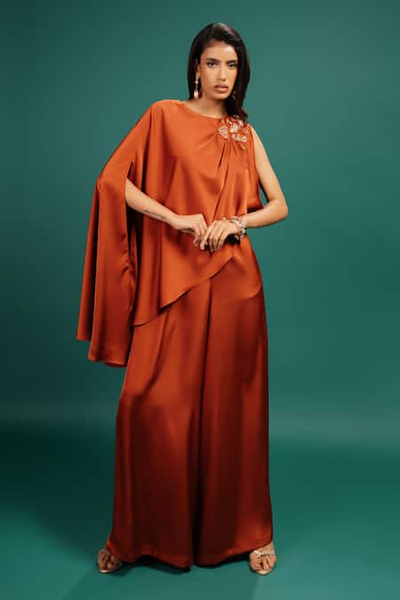 Style Junkiie Rust Spotted Draped Cape Jumpsuit 