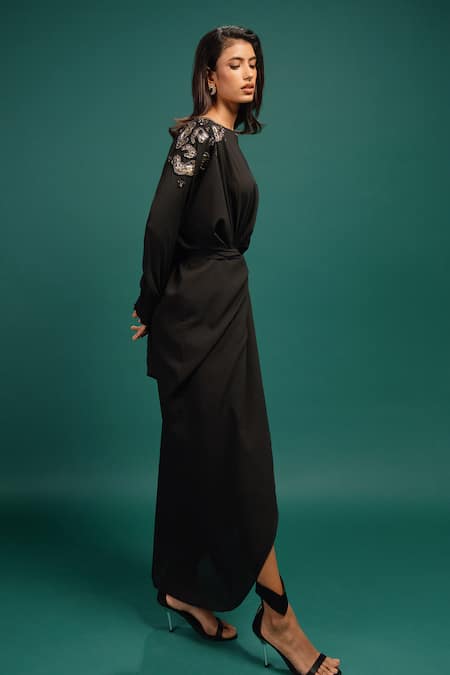 Style Junkiie_Black Georgette Embroidery, Foil Printing Boat Neck, Ebony Spotted Wrap Dress _Online_at_Aza_Fashions