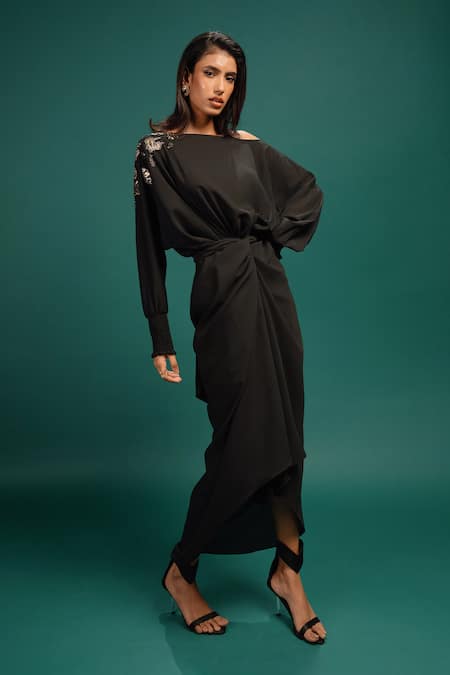 Buy_Style Junkiie_Black Georgette Embroidery, Foil Printing Boat Neck, Ebony Spotted Wrap Dress _Online_at_Aza_Fashions