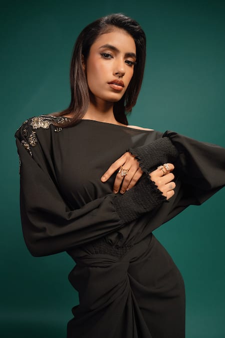 Shop_Style Junkiie_Black Georgette Embroidery, Foil Printing Boat Neck, Ebony Spotted Wrap Dress _Online_at_Aza_Fashions