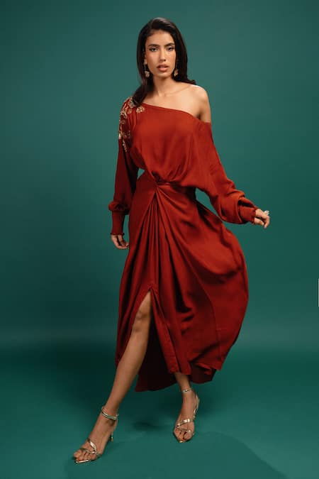 Style Junkiie Rust Spotted Wrap Georgette Dress 