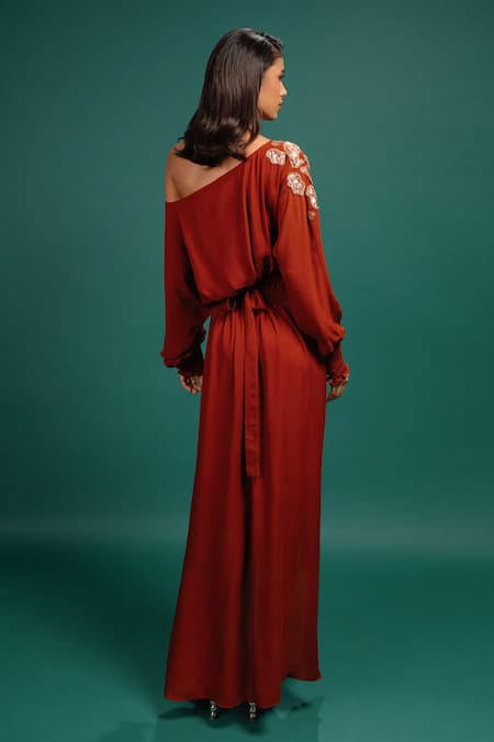 Style Junkiie Rust Spotted Wrap Georgette Dress 