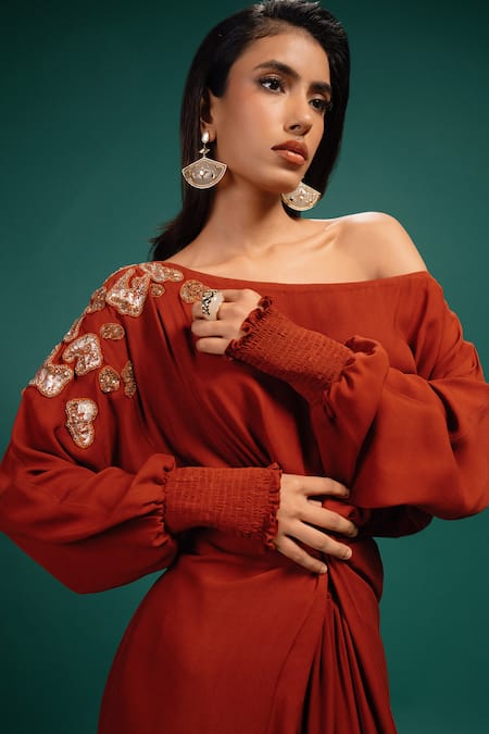 Shop_Style Junkiie_Brown Georgette, Polyester Embroidery, Foil Printing Rust Spotted Wrap Dress _Online_at_Aza_Fashions