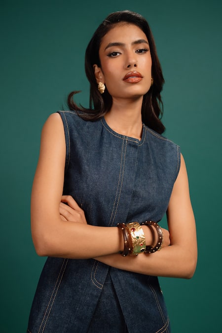 Style Junkiie Navy Denim Embroidery Round Neck Midnight Petal Waistcoat Online at Aza Fashions Style Junkiie_Navy Denim Embroidery Round Neck Midnight Petal Waistcoat _Online_at_Aza_Fashions