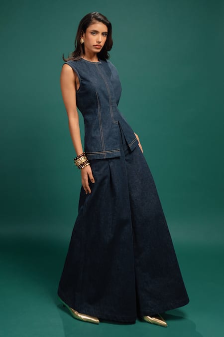 Buy Style Junkiie Navy Denim Embroidery Round Neck Midnight Petal Waistcoat Online at Aza Fashions Buy_Style Junkiie_Navy Denim Embroidery Round Neck Midnight Petal Waistcoat _Online_at_Aza_Fashions