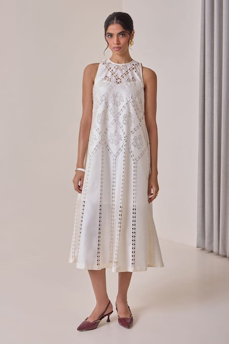 Needleten Cutwork Floral Geometric Midi Dress 