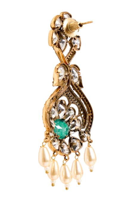 Nazaakat By Samara Singh_Green Stones, Gemstones, Pearls Floral Embellished Earrings _Online_at_Aza_Fashions
