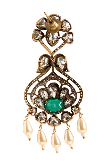 Buy_Nazaakat By Samara Singh_Green Stones, Gemstones, Pearls Floral Embellished Earrings _Online_at_Aza_Fashions