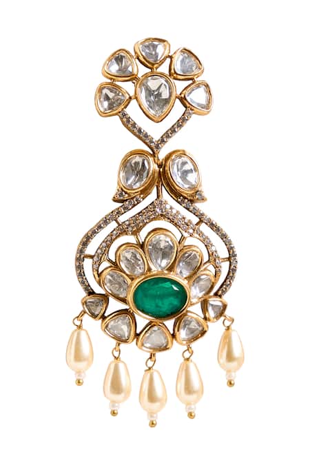 Shop_Nazaakat By Samara Singh_Green Stones, Gemstones, Pearls Floral Embellished Earrings _Online_at_Aza_Fashions