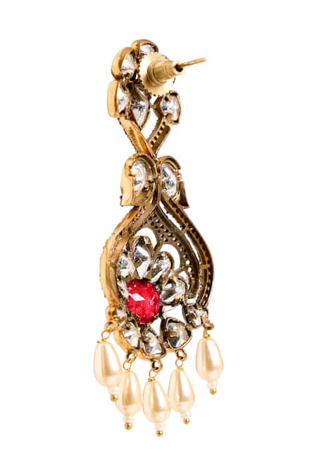 Nazaakat By Samara Singh_Red Faux Diamonds, Pearls Embellished Floral Earrings _Online_at_Aza_Fashions
