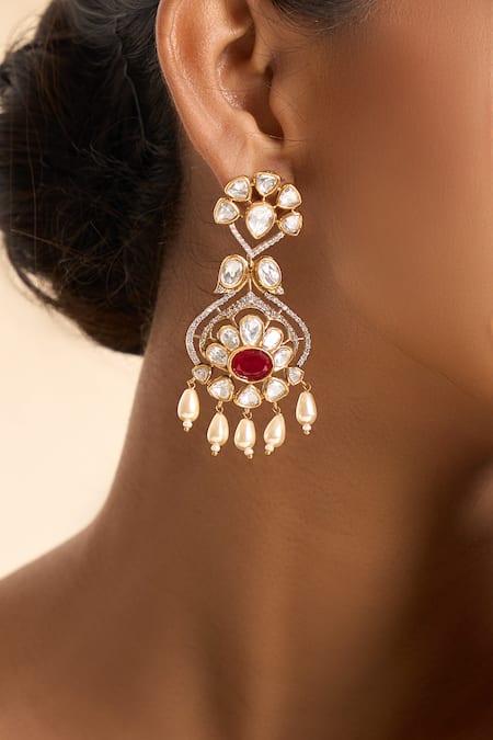 Buy_Nazaakat By Samara Singh_Red Faux Diamonds, Pearls Embellished Floral Earrings _Online_at_Aza_Fashions