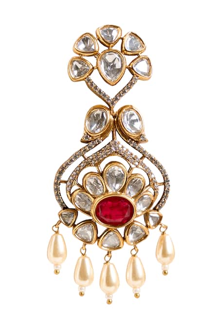 Shop_Nazaakat By Samara Singh_Red Faux Diamonds, Pearls Embellished Floral Earrings _Online_at_Aza_Fashions