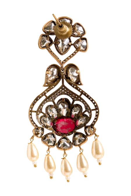 Nazaakat By Samara Singh_Red Faux Diamonds, Pearls Embellished Floral Earrings _at_Aza_Fashions