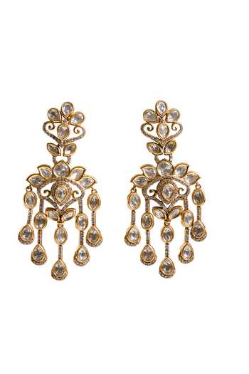 Shop_Nazaakat By Samara Singh_Gold Plated Stones, Faux Diamonds Tassel Drop Earrings _Online_at_Aza_Fashions