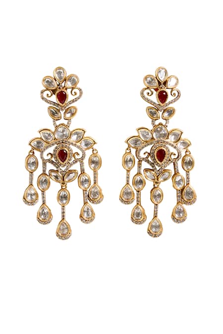 Shop_Nazaakat By Samara Singh_Red Stones, Tassels Embellished Drop Earrings _Online_at_Aza_Fashions