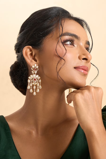 Nazaakat By Samara Singh_Red Stones, Tassels Embellished Drop Earrings _at_Aza_Fashions