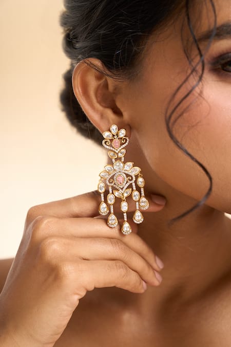 Shop_Nazaakat By Samara Singh_Pink Stones, Beads, Crystals Tassel Embellished Drop Earrings _Online_at_Aza_Fashions