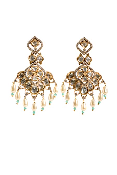 Shop_Nazaakat By Samara Singh_Mint Beads, Stones, Faux Diamonds Drop Embellished Earrings _Online_at_Aza_Fashions
