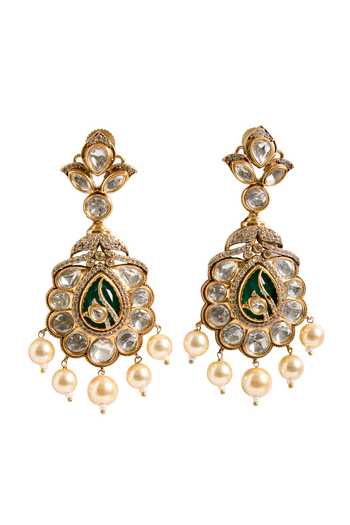 Shop_Nazaakat By Samara Singh_Green Beads, Stones, Pearls Drop Embellished Dangler Earrings _Online_at_Aza_Fashions