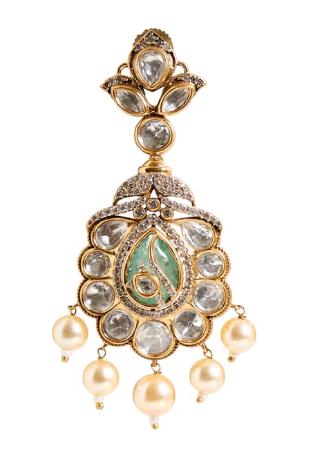 Nazaakat By Samara Singh_Mint Beads, Stones, Faux Diamonds Embellished Drop Earrings _at_Aza_Fashions